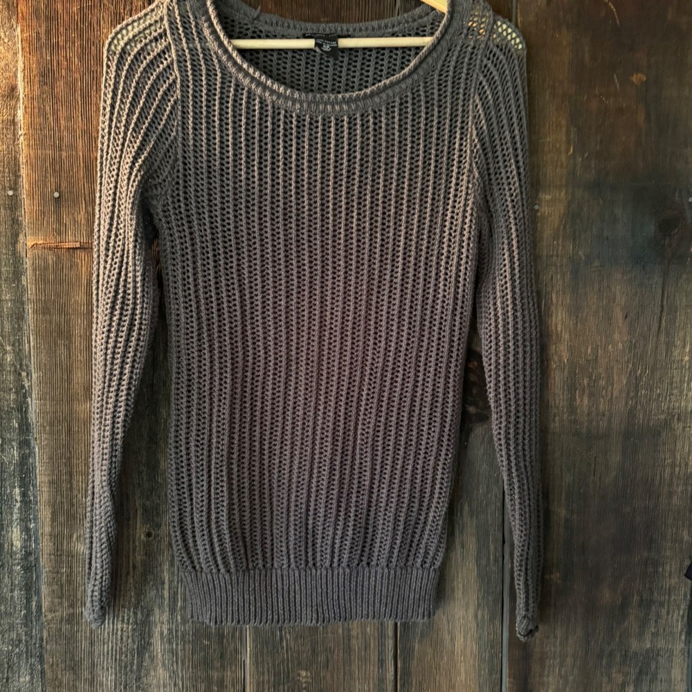 New York & Company Gray Open Knit Cotton Sweater XS Crew Neck Mesh Pullover